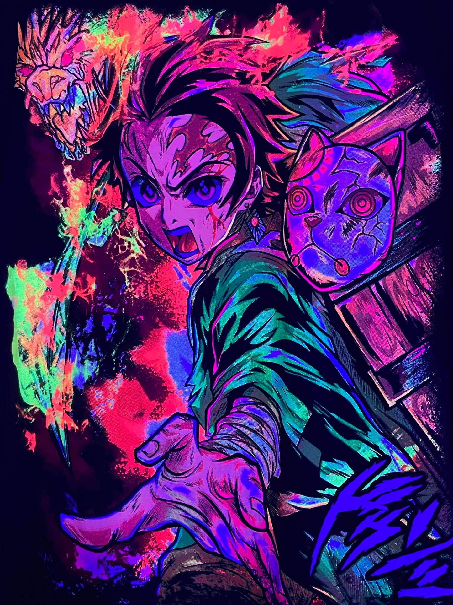 Tanjiro Demon Slayer 🩸🌸 Neon T-Shirt (Front & Back Print)