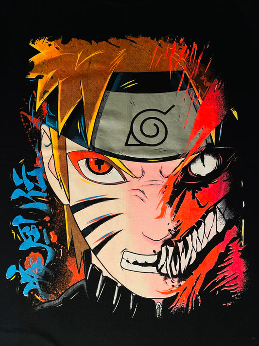 Naruto-Kurama Split Face Neon T-Shirt (Front & Back Print)