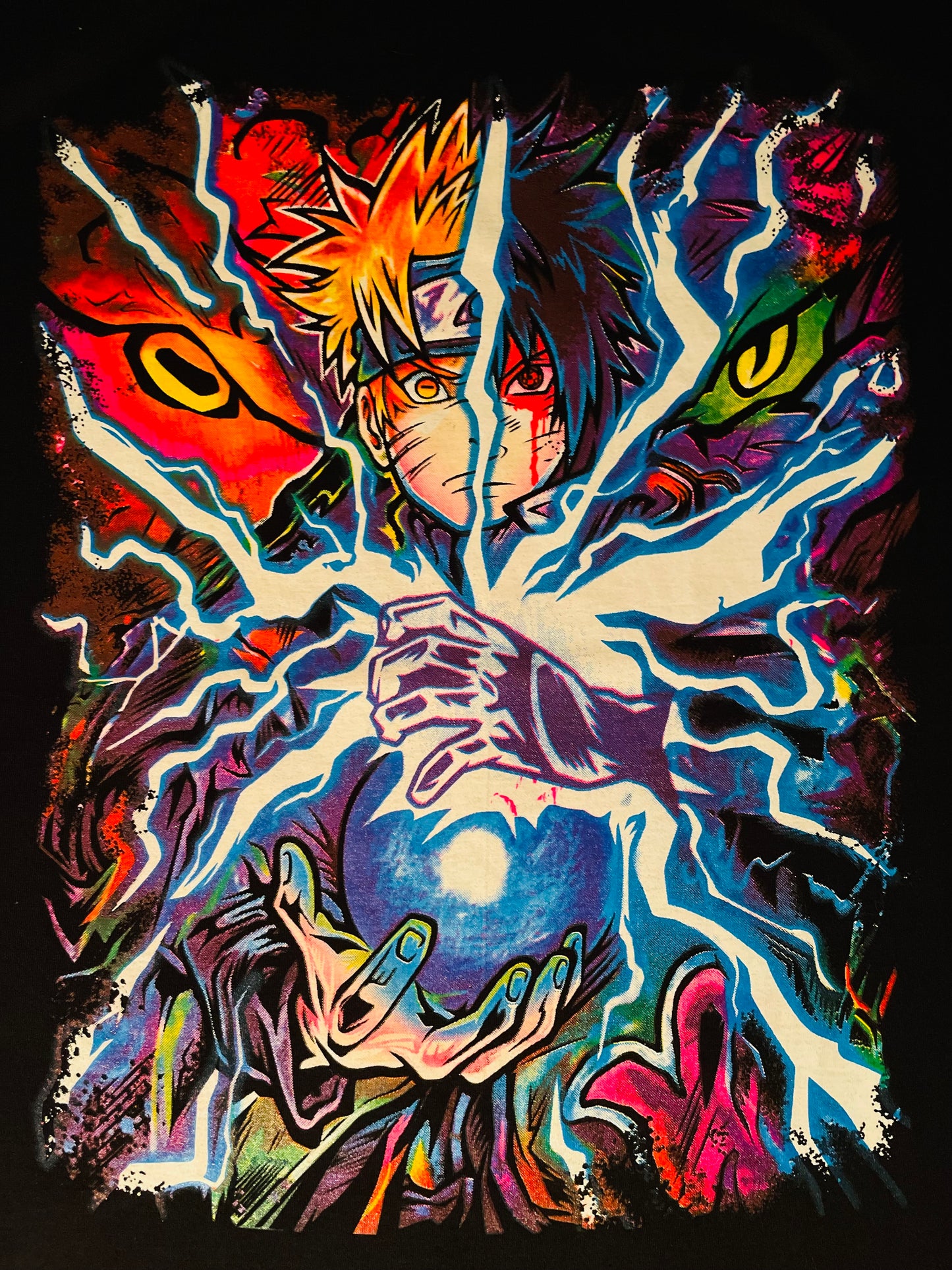 Naruto vs Sasuke 1/2 Face Neon T-Shirt (Front & Back Print)
