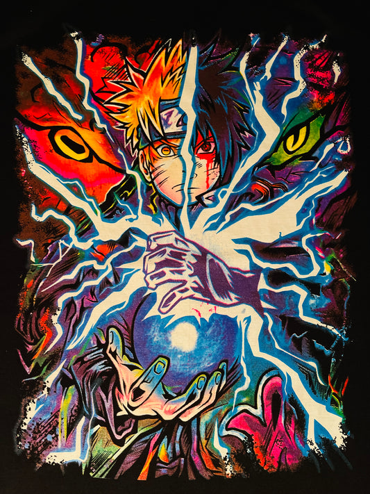 Naruto vs Sasuke 1/2 Face Neon T-Shirt (Front & Back Print)