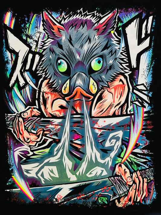 Inosuke Hashibira from Demon Slayer !  🐗🔥 Neon T-Shirt (Front & Back Print)