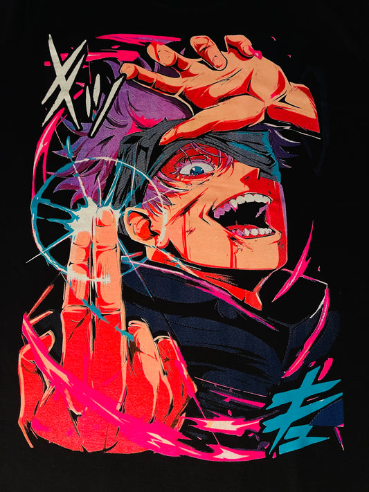 Gojo Satoru “Purple Hollow Technique” Jujutsu Kaisen Vibrant Neón T-Shirt (Front & Back Print)
