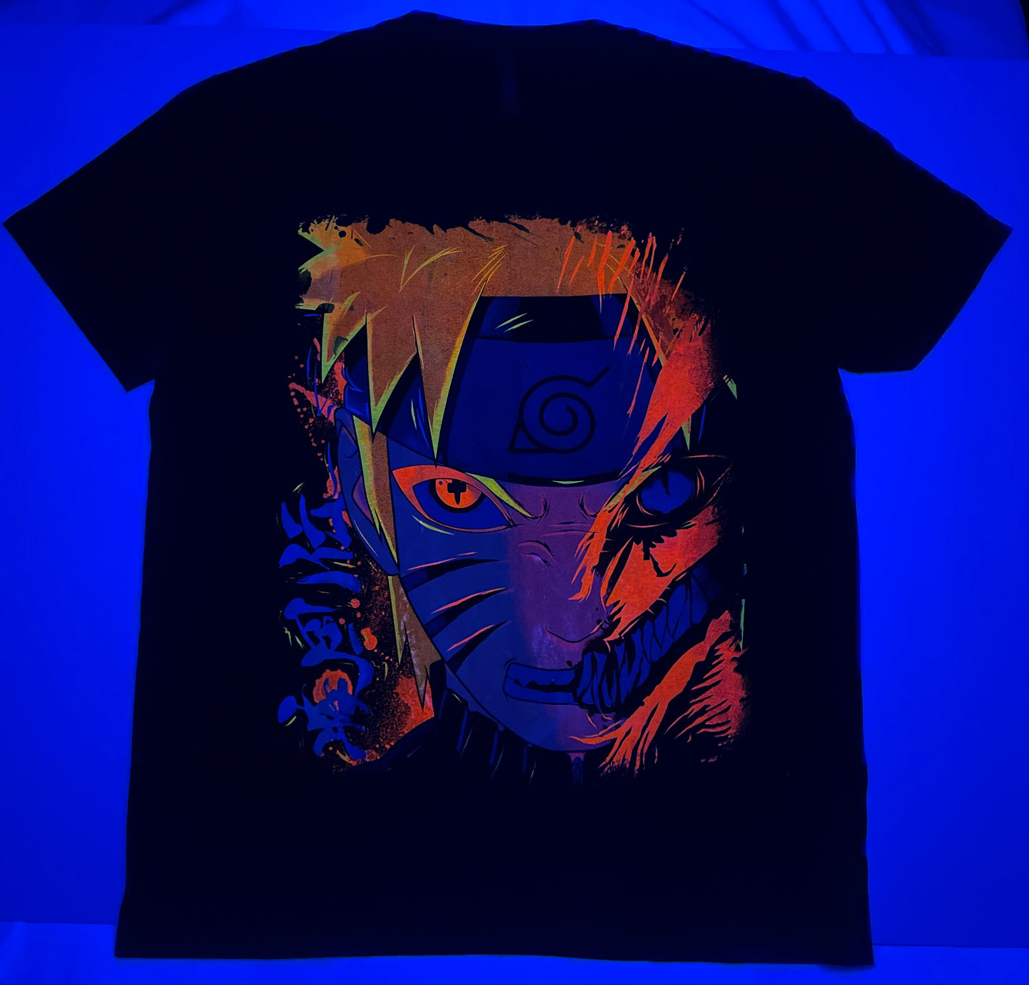 Naruto-Kurama Split Face Neon T-Shirt (Front & Back Print)