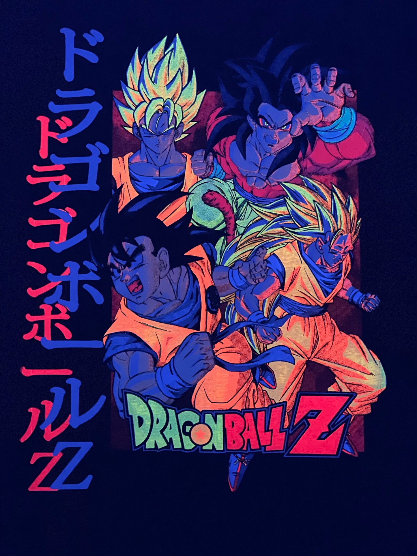 Goku Base Form, SS2, SS3 & SS4 Neon T-Shirt (Front & Back Print)